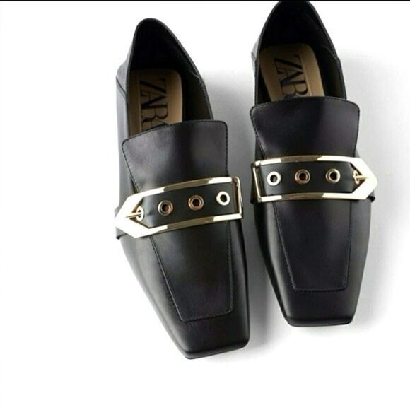 Zara Black Leather Loafers Gold Metal Buckle Square Toe Shoes Size 7.5 US - Picture 2 of 11